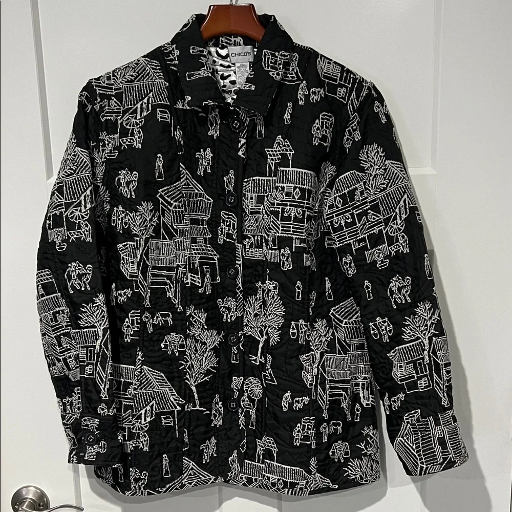 Chicos Pagoda Asian Black White Silk Blend Reversible Embroidered Jacket Sz 2/L